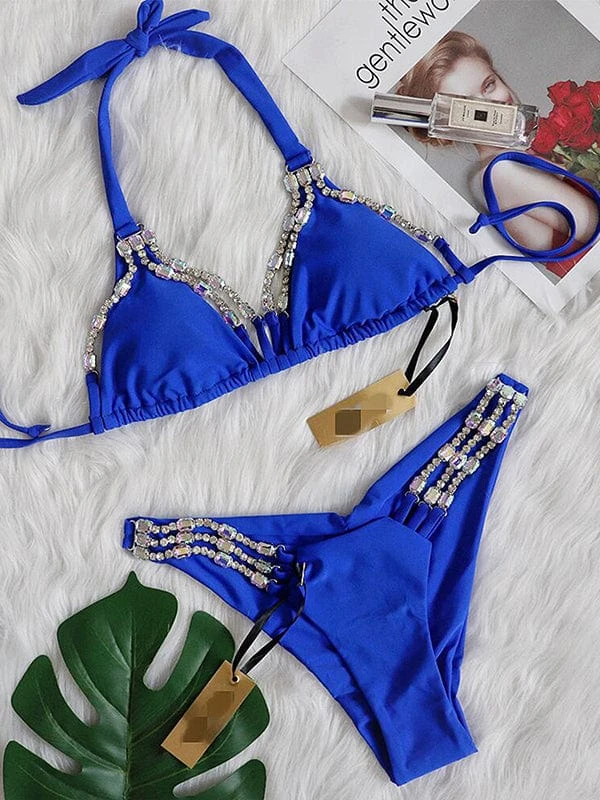 Designer Luxury Royal Blue W/ Rhinestone Triangle Top & Cheeky Bottom Set 1 Designer Luxury Royal Blue W/ Rhinestone Triangle Top & Cheeky Bottom Set