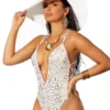 White W/ Gold Print Deep V Monokini One Piece G-String Thong Swimsuit