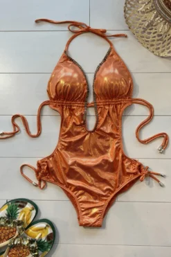 Sexy Orange Metallic Beaded Deep V-Neck Trikini -Beautiful Swimwear shyleeq apparel accessories clothing swimwear sexy orange metallic beaded deep v neck trikini 2022 sexy shyleeq swimwear brown metallic beaded bikini 28545777991778