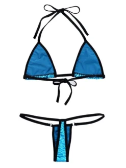 Light Blue Metallic Micro Triangle Top & Tie Side G-String Thong Bottom Bikini -Beautiful Swimwear sohot swimwear light blue metallic micro triangle top tie side g string thong bottom bikini 29457887920226